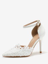 Sapatos de Casamento Branco PU PU Ponto Ponto Toe Flores Stiletto Salto Slip-On Lace Up Plus Size Heels
