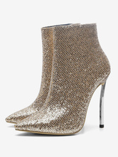 Women Ankle Boots Light Gold Sequined Pointed Toe Stiletto Heel High Heel Booties
