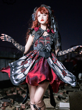   ゴシックロリータドレス レース リボン 蝶々柄 薔薇柄 ホワイト レッド