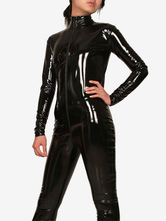 Black Long Sleeves Shiny Metallic fabric Catsuit Front Zipper Unisex Body Suit