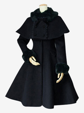 Lolitashow Sweet Lolita Coat Black Wool Turndown Collar Long Sleeve Slim Fit Detachable Lolita Cape Coat