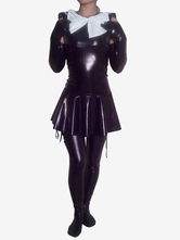 Halloween Maid Shiny Metallic Catsuit Dress with Shoulder Length Gloves and Stockings