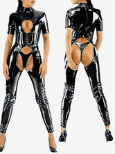 Хэллоуин сексуальный комбинезон с вырезом блестящий черный ПВХ боди GIMP костюм
