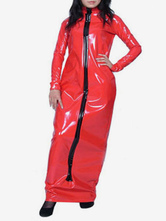 Red Long Sleeves Front Split PVC Shiny Metallic Fabric Front zip Maxi Dress