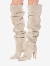 Thigh High Boots Suede Nap Pointed Toe Chunky Heel Over The Knee Boots US5-12.5