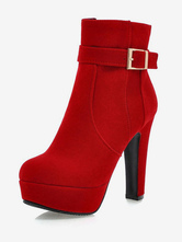 Red Suede Ankle Boots Platform Round Toe Chunky Heel Boots