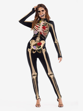 Disfraz Carnaval Traje de Halloween Skeleton Bone Flowers Mujeres negras Mono largo de manga larga Carnaval Halloween
