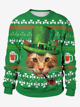 St Patricks Day Green Sweatshirt 3D Printed Cat Clover Pullover Unisex Irish Long Sleeve Top Halloween
