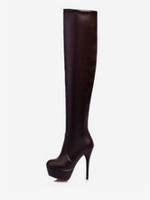 Botas altas hasta el muslo con plataforma Botas de tacón de aguja con punta redonda de cuero brillante de color sólido para mujer