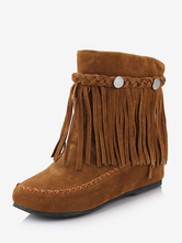 Women's Bohemian Booties Fringe Round Toe Flat Cowgirl Short Boots