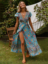Bohemian Dresses Light Sky Blue Split V-Neck Short Sleeves Floral Print Boho Long Dress
