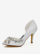 Zapatos de novia de seda y satén Zapatos de Fiesta de tacón de stiletto Zapatos blanco Zapatos de boda de punter Peep Toe 8cm con joyas