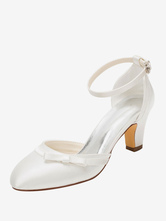 Zapatos de novia de seda sintética Zapatos de Fiesta de tacón gordo Zapatos blanco Zapatos de boda de puntera redonda 6cm con lazo