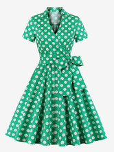 Vintage Dress 1950s Audrey Hepburn Style V-Neck Short Sleeves Green Knee Length Polka Dot Fit And Flare Dress