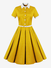 1950s Audrey Hepburn Style Yellow Vintage Short Sleeve Belted Retro Swing Dress