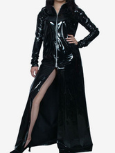 Black Long Sleeves Front Split PVC Shiny Metallic Fabric Front zip Maxi Dress