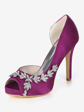 Zapatos de novia de satén Zapatos de Fiesta de tacón de stiletto Zapatos Morado Zapatos de boda de punter Peep Toe 11cm con flor 1.5cm