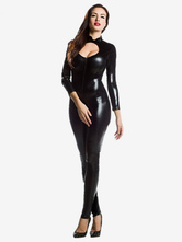 Faschingskostüm Zentai ausgeschnittenen Sexy glänzend metallisch Jumpsuit für Frauen in Schwarz