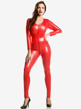 Red Adults Bodysuit Sexy Shiny Metallic Catsuit for Women