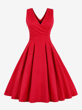 Vestidos vintage plissados com decote em V sem mangas cruzados vestido retrô feminino vermelho