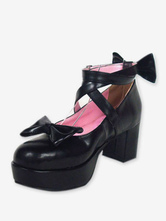 Lolitashow Schwarze Lolita Schuhe aus PU mit Schleifen und Riemchen