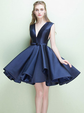 Satin Cocktail Dress Plunging V Prom Dress Keyhole Back Dark Navy A Line Mini Homecoming Dress With Bow Sash wedding guest dress