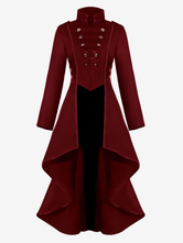  Retro Tudor Dress Costumes  Women's Overcoat Dark Red Stand Collar Button Up Ruffle High Low Vintage Clothing