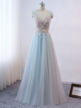 Prom Kleid Hell Himmelblau A-Linie V-Ausschnitt Tüll Ärmellose Schnürperlen Perlen Maxi Hochzeitsgast Kleider