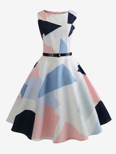 Vintage Dress 1950s Audrey Hepburn Style Style Sleeveless Geometric Print Midi Dress