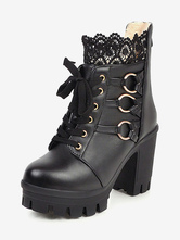 Sweet Lolita Boots Black Lace Round Toe PU Leather Chunky Heel Lolita Footwear
