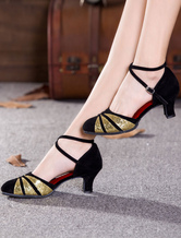 Black Dance Shoes Suede Round Toe Criss Cross Ballroom Shoes Kitten Heel Dancing Shoes For Women