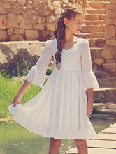 Weiße Blumenmädchenkleider V-Ausschnitt Lange Ärmel Formale Kinder Festzug Kleider