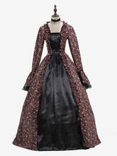 Victorian Dress Costume Women's Baroque Brown Ball Gown Masquerade Floral Print Royal Long Sleeves Coffee Brown Victorian era Clothing Retro Costume