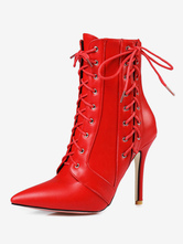 High Heel Booties Rote Stiefeletten Spitzschuh Helle Lederschnürstiefeletten für Damen