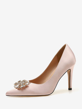 Zapatos de fiesta para mujer Zapatos de noche de satén de tacón alto con diamantes de imitación de punta puntiaguda desnuda
