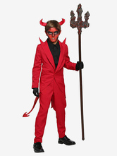 Kids Halloween Costumes Red Devil Polyester Top Headwear Boys Cosplay Costume Full Set