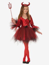 Kids Halloween Costumes Red Devils Polyester Dress Headwear Girls Cosplay Costume Full Set