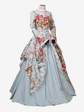 Vestido vitoriano Costme feminino acetinado claro azul celeste estampa floral Maria Antonieta Vestido de baile trompete Mangas compridas com gargantilha Trajes da era vitoriana.