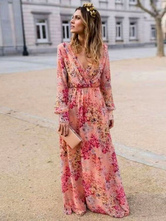 Maxikleider Langarm Rosa bedrucktes langes Kleid mit V-Ausschnitt