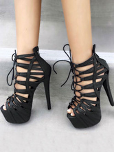 Women Sexy Shoes Black Platform Peep Toe Cut Out Lace Up High Heel Sandals