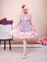 Sweet Lolita rose pourpre OP robe manches courtes couches arcs et garniture Déguisements Halloween
