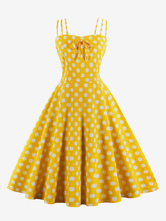 Vintage Kleider Gelb mit Polka-Tupfen 50er jahre mode Rockabilly kleid und Schleife Kleider ärmellos und Trägern Baumwolle Damenmode im Retro-Style