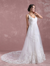 Robes de mariée d'été 2024 en Tulle robe de mariée bretelles dentelle appliques A-line drapée robe de mariée avec traîne
