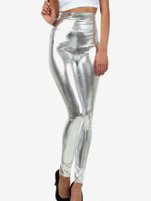 Leggings prata brilhante metálico Calça Skinny para as mulheres Halloween