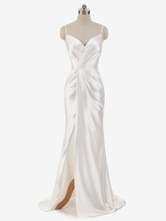 Robe de mariée à la plage blanche sirène en satin stretch col V plissée avec soutien-gorge à fines bretelles