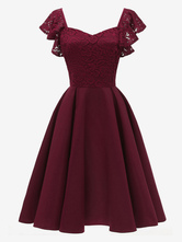 1950er Jahre Audrey Hepburn Stil Vintage Kleid Burgund ärmelloses V-Ausschnitt Rockabilly Kleid Retro Kleid