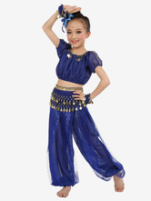 Belly Dance Costume Royal Blue Kids Chiffon Short Sleeve Indian Bollywood Dancing Costumes