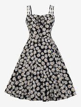 Vintage Dress 1950s Audrey Hepburn Style Sleeveless Straps Neck Sleeveless Floral Rockabilly Retro Swing Dress