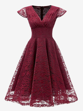 1950er Retro-Kleid mit V-Ausschnitt  kurzen Ärmeln Burgunderrotes mittleres Rockabilly-Kleid