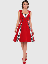 Decote quadrado de vermelho Vintage vestido sem mangas impressas Floral plissado Skater vestido com botões